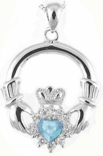   Silver Aquamarine Diamond Celtic Claddagh Necklace Pendant P423