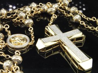 Men Yellow Gold Finish 5ct Diamond Jesus Rosary Chain Angel Praying 