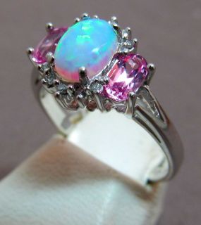 Fantastic Stylish Opal & Diamond & Pink 10k White Gold Ring Size 6.5 