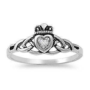 Sterling Silver Heart CZ Claddagh Ring Traditional Irish Knot Band 