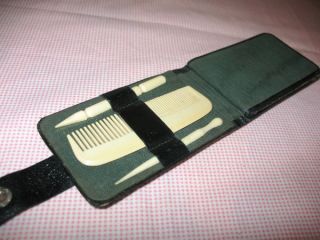 VINTAGE CELLULOID POCKET GROOMING KIT W CASE TOOTHPICK COMB MIRROR 
