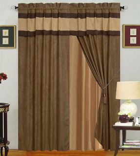   Brown Tan Micro Suede Curtain Valance Panels Liner Tie back Tassel Set