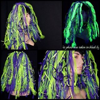   Green Dark Purple UV Glow Cyber Rave Cosplay Knotty Dread Hair Falls