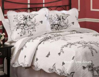 FRENCH COUNTRY BLACK WHITE TOILE QUILT SET QUEEN KING