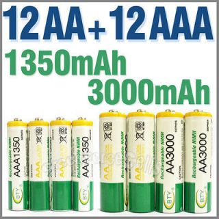 12 AA+12 AAA 1350mAh 3000mAh 1.2V NI MH Rechargeable Battery 2A 3A BTY 