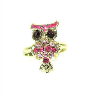 Crystal Owl Ring Adjustable Dainty Sparkle Pink Fashion Vintage Retro 