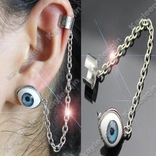 Blue Evil Eye Silver Ear Cuff Stud Clip Chain Earrings Goth Punk Emo 