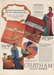 1939 VINTAGE CHATHAM BLANKET RECOMMENDS HOUSEHOLD SET PRINT AD