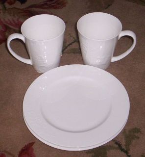   White Cups Mugs + 2 Dessert Plates Bone China Embossed Flowers 4 Pc