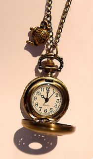 Alice in Wonderland Teapot Clock Necklace Vintage Jewellery Teatime 