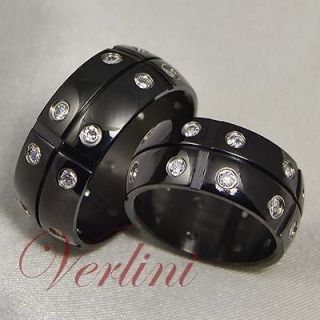 9MM Black Titanium Rings Simulated Diamonds Wedding Bands Matching Set 