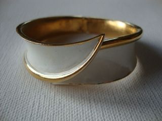 Vintage Trifari Crown white enamel bangle bracelet cuff gold tone 
