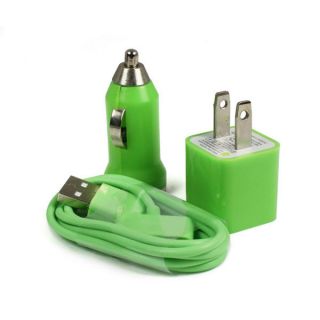 1PC Green Car Charger+USB Data Cable+US Charger For iPod iPhone 4 4G 
