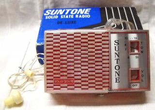 Vintage red Suntone Solid State AM Radio model 1112 original box Hong 
