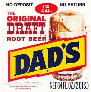   pop bottle label DADS ORIGINAL DRAFT ROOT BEER mug pictured 64oz size
