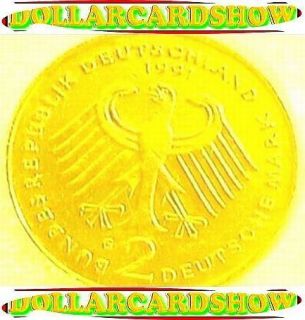 24K GOLD PLATED   GERMANY 1991 RARE DEUTSCHE EAGLE 2 MARK COIN UNC