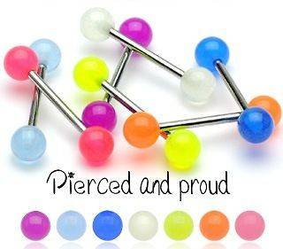 STEEL / ACRYLIC TONGUE BAR / STUD + UV GLOW IN THE DARK BALLS ~ ALL 