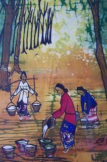 Textile Art Asian Women Working Carrying Water Silk Screen on Fabric 