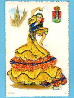 Vintage Postcard SPAIN Flamenco Dancer Yellow SILK EMBROIDERY DRESS 