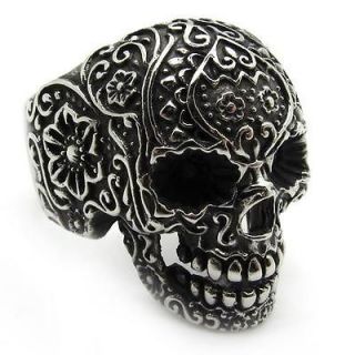   Black gothic poker skull stainless steel silver flower finger ring