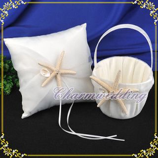 Ivory Flower Girl Basket & Ring Beads Pillow Set w/ Starfish Shell 