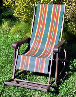 Antique Vintage Folding DECK CHAIR Old Timber Striped Canvas Solid 