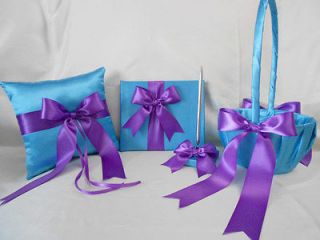 Wedding Turquoise Purple Flower Girl basket Ring Pillow Guest Book Pen 