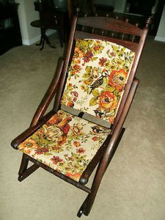 1800s Eastlake folding nursing sewing rocking chair w Bird & Floral 