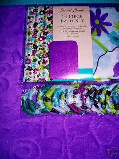   PURPLE STENCIL~Flowers COLORFUL Shower Curtain Rug Rings Bath Set NW