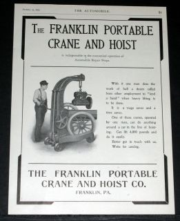 1905 OLD MAGAZINE PRINT AD, FRANKLIN PORTABLE CRANE & HOIST MOTOR CAR 