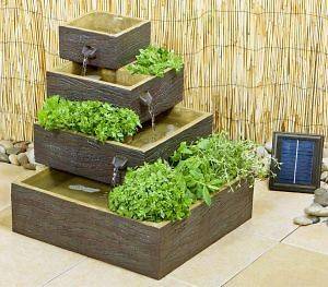 Square 4 Tier Solar Water Fountain Cascading Herb Planter Dark Wood 