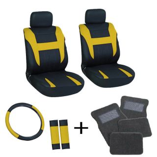   Black Front Bucket Chair Seat Cover Set Wheel + Belt+ Gray Floor Mat