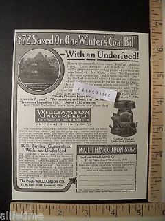   Paper Ad Peck Williamson Co OH Underfeed Furnace Boiler Save Coal Bill