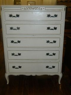   Provincial 5 Draw Tall Dresser w/Carved Floral Medallions Gold Trim