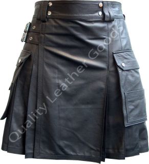 GENUINE 100% Leather Pleated Kilt with Cargo Pocket Bluf Larp 