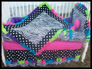 NEW crib bedding set BLACK ZEBRA POLKA DOTS w/ rainbow trim fabrics