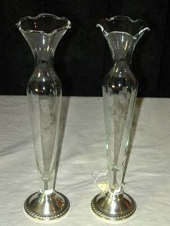 TWO VINTAGE ETCHED GLASS ROSE BUD VASES WITH STERLING SILVER WEIGHTED 