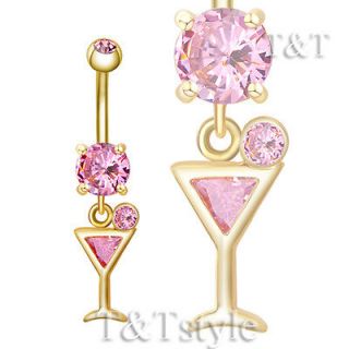 Newly listed T&T 14k GP Pink CZ Martini Glass Dangle Belly Bar Ring 