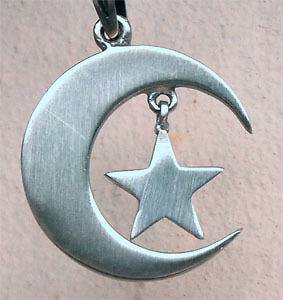 Moon Star Amulet Pewter Pendant W Black rubber Necklace