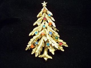  ART Gold Tone Multi Color Rhinestones Christmas Tree Brooch/Pin