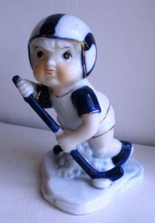   Gzhel porcelain White Blue Gold Trim Figurine Boy Hockey Player