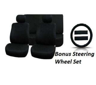   Full Set Solid Black 11pc Car Seat Covers Bonus Steering Wheel Cover