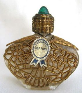 Vtg Gold Plated Ormolu filigree Miniature Perfume bottle glass mini 