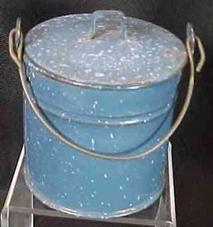   Miniature Blue White Speckled Graniteware Bucket with Lid & Handle