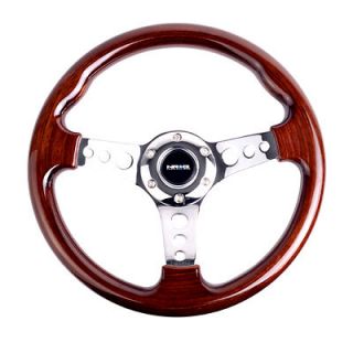 NRG Steering Wheel 330mm Classic Wood Grain 3 Spoke Chrome Center Old 