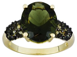   Oval & Round Green Moldavite 10k Yellow Gold Ring *