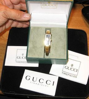 AUTH GUCCI ITALY18KT GOLD PLATED BLK FACE LADIES WRISTWATCH STIRRUP 