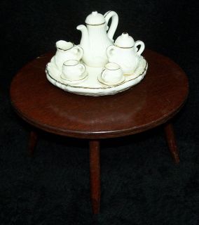 Round Wooden Dolls Table & Tiny 10 Piece China Tea Set   VGC
