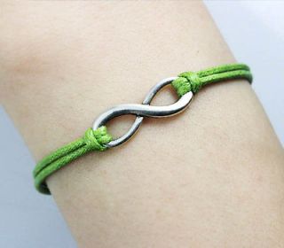    antique silver karma bracelet, infinity wish wax cord green bracelet