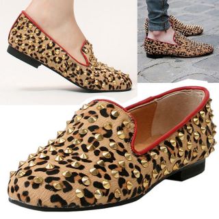 Loafer Flats Leopard Print Calfskin Leather Stud Shoes 93 Yellow